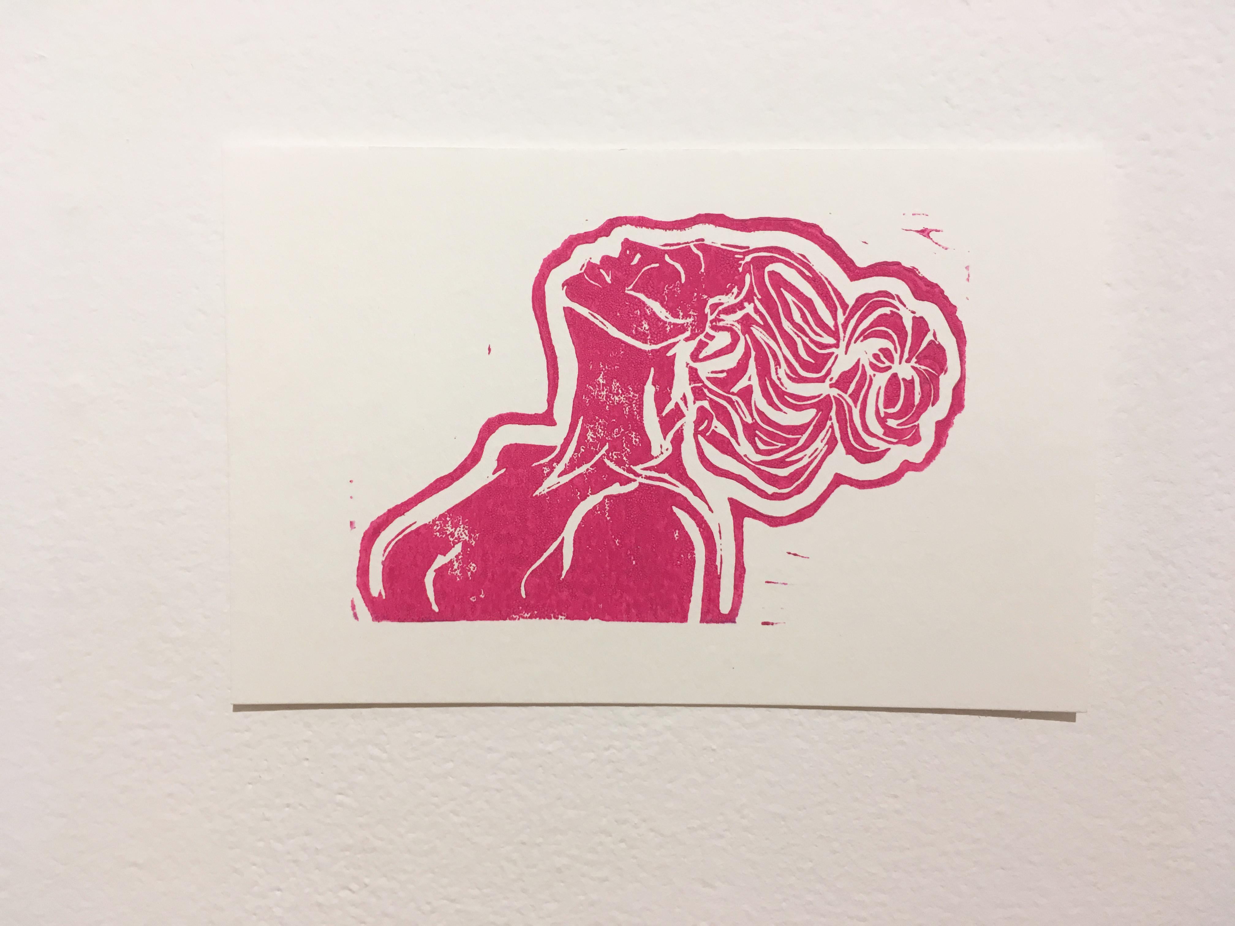 Pink Lady V, Block Print on Paper, Woman Portrait with Hair in Bun, Nude Figure - Beige Nude Print by SarahGrace