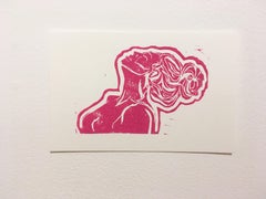 Pink Lady V, Block Print on Paper, Woman Portrait with Hair in Bun, Nude Figure