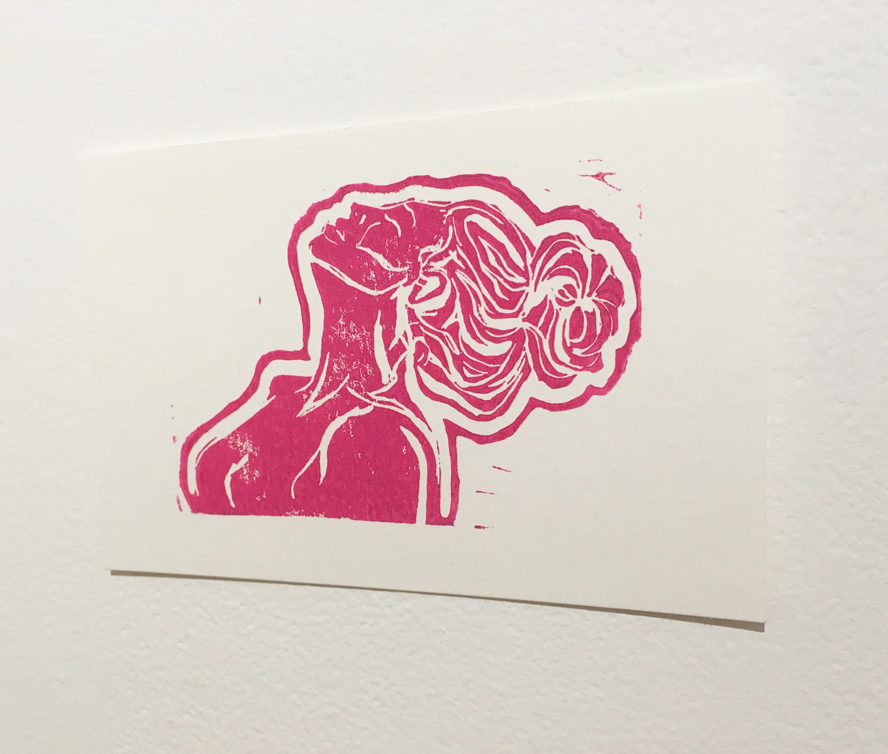Lady Pink V, Impresión en bloque sobre papel, Retrato de mujer con el pelo recogido, Figura desnuda - Print Contemporáneo de SarahGrace