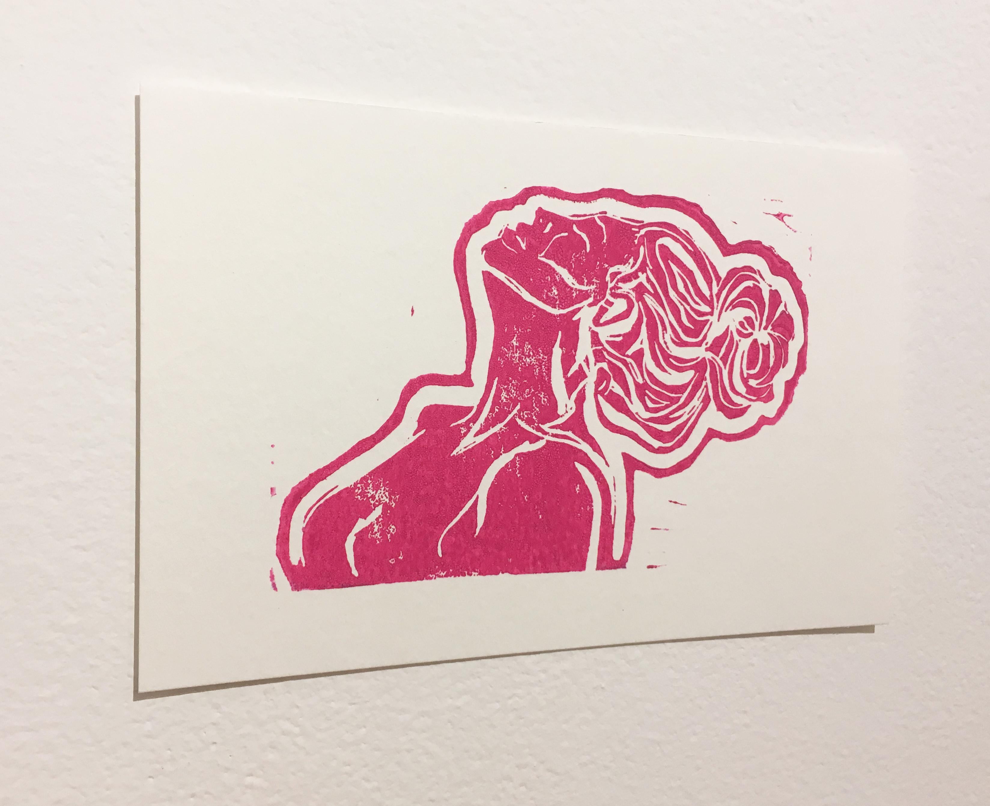 Pink Lady V, Block Print on Paper, Woman Portrait with Hair in Bun, Nude Figure For Sale 1
