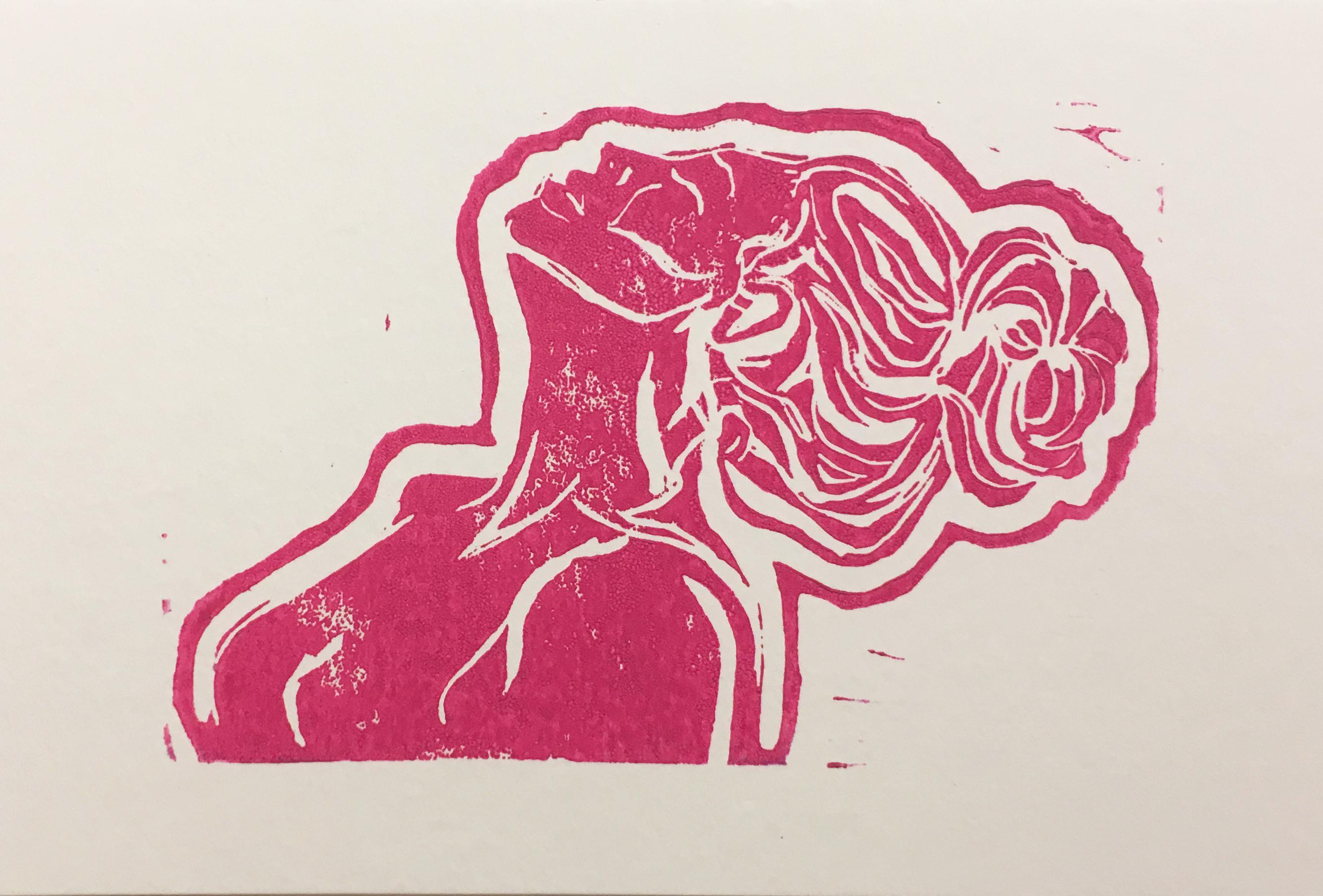Pink Lady V, Block Print on Paper, Woman Portrait with Hair in Bun, Nude Figure