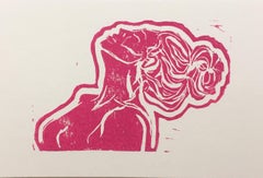 Pink Lady V, Block Print on Paper, Woman Portrait with Hair in Bun, Nude Figure