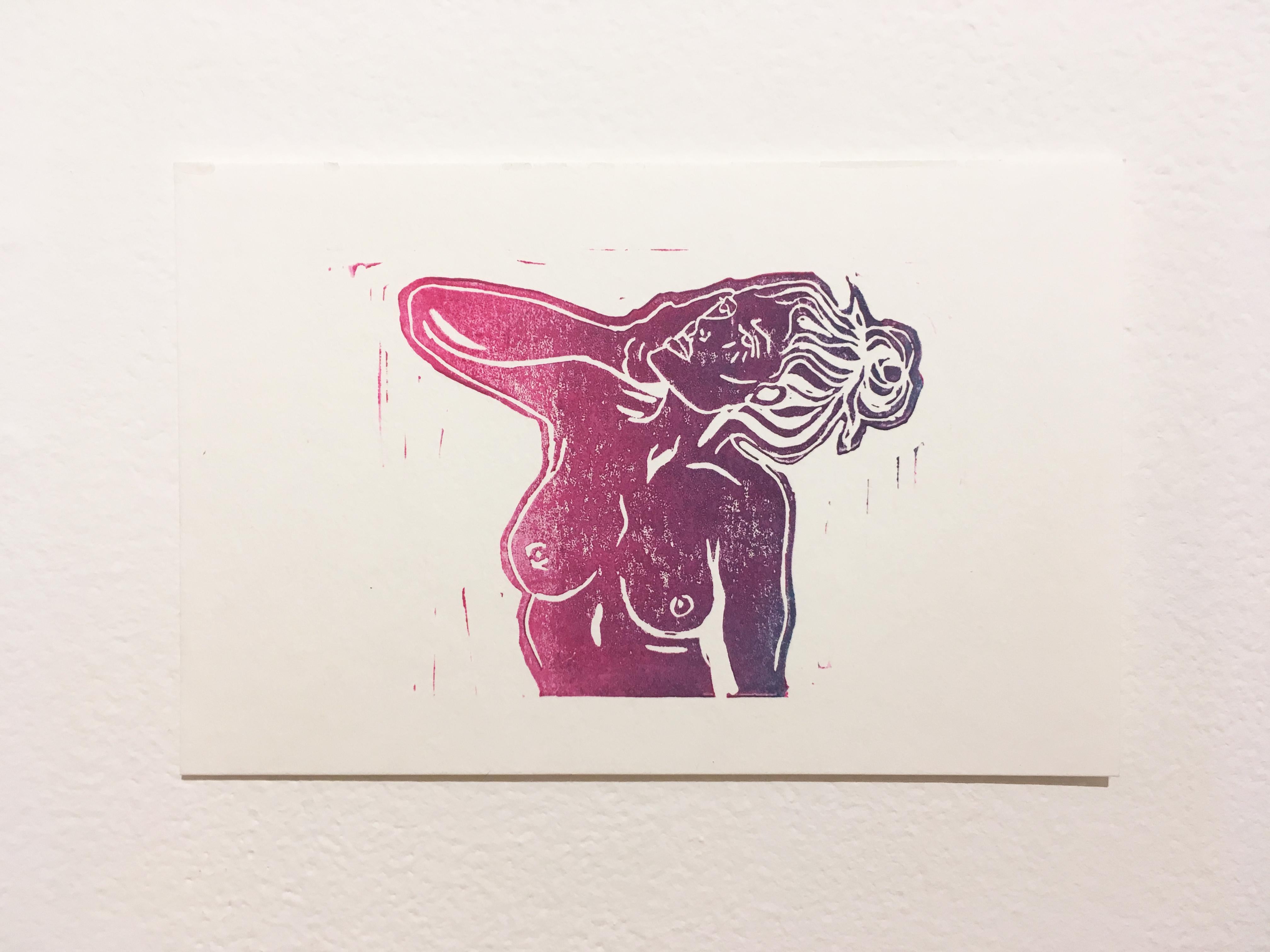 Pink Lady VII, Block Print on Paper, Purple & Pink, Woman Portrait, Nude Figure - Beige Nude Print by SarahGrace