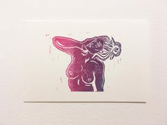 Pink Lady VII, Block Print on Paper, Purple & Pink, Woman Portrait, Nude Figure