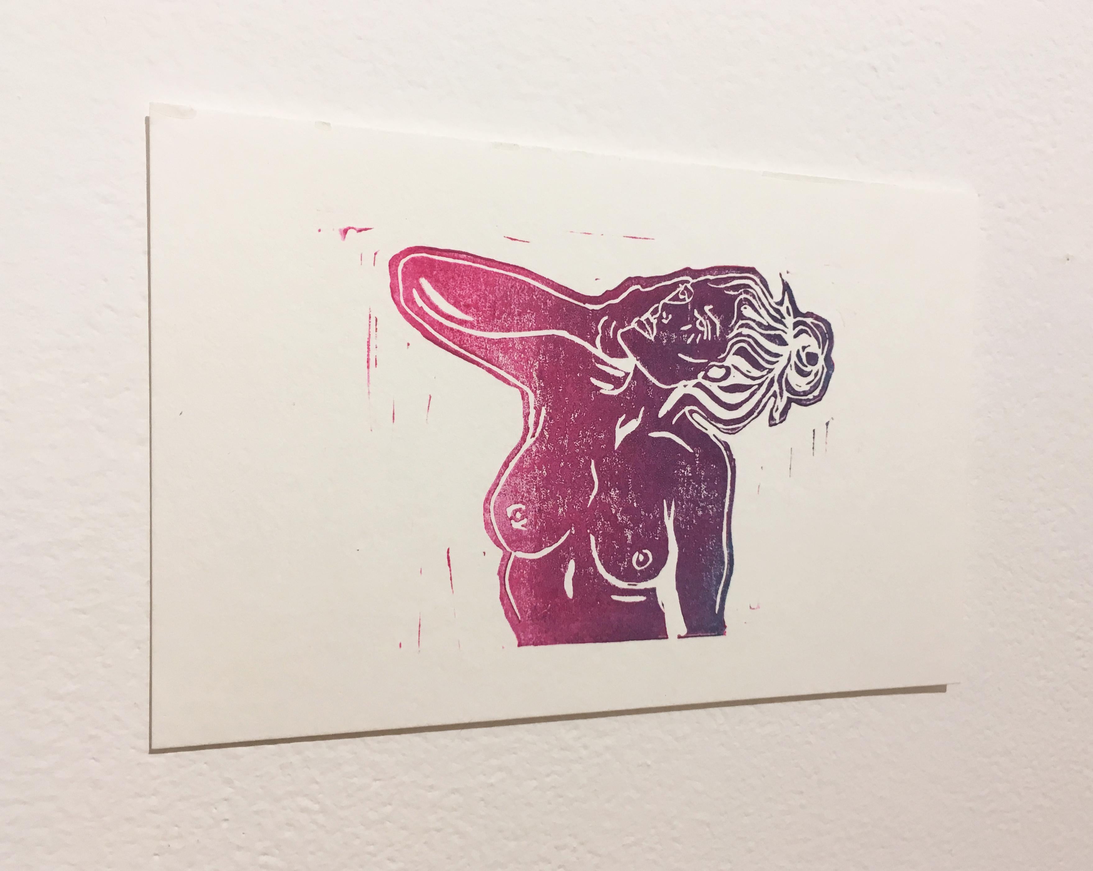 Pink Lady VII, Block Print on Paper, Purple & Pink, Woman Portrait, Nude Figure For Sale 1