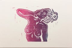 Pink Lady VII, Block Print on Paper, Purple & Pink, Woman Portrait, Nude Figure