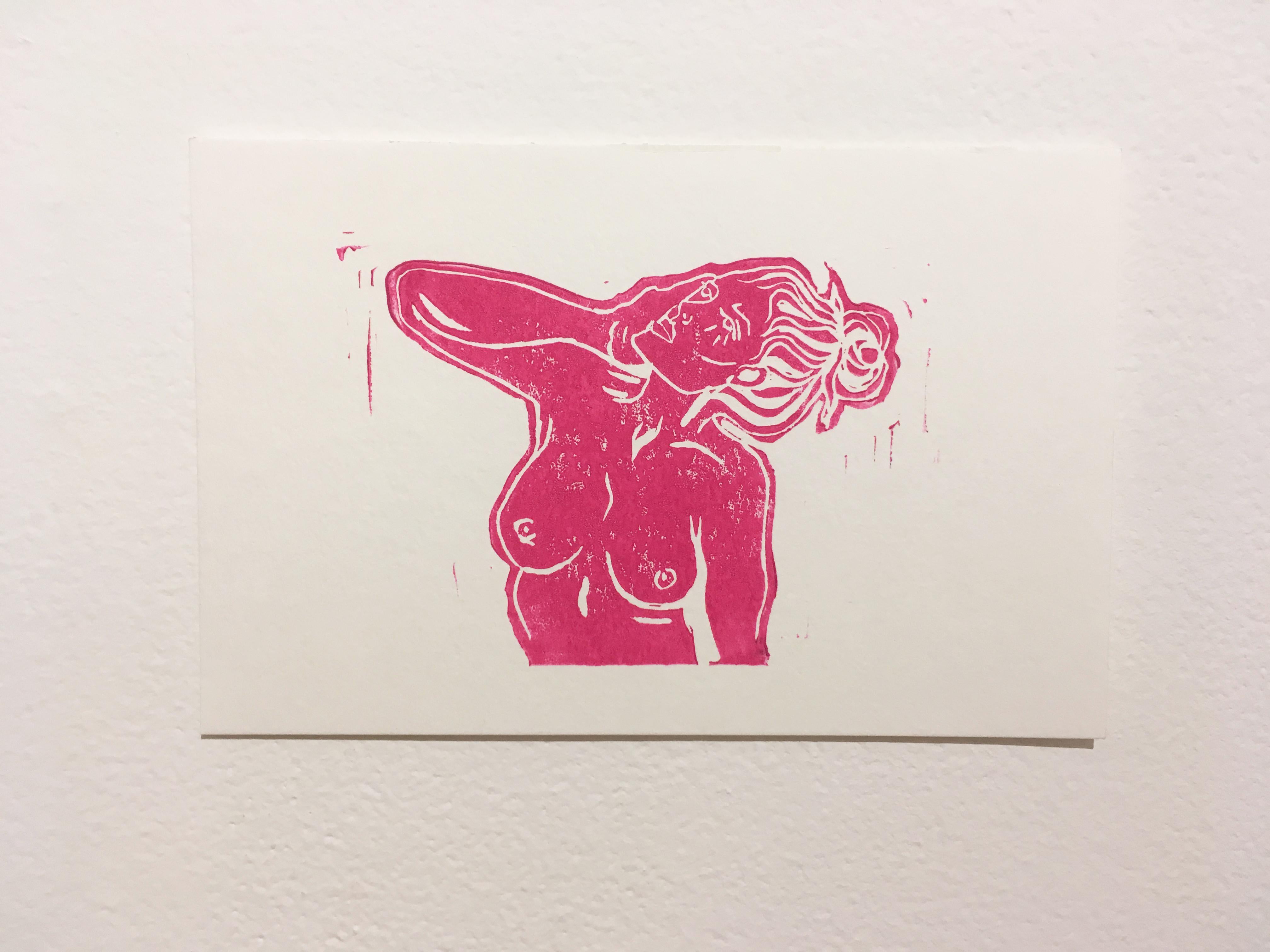 Pink Lady X, Block Print on Paper, Hot Pink Woman Portrait, Nude Figure - Art by SarahGrace