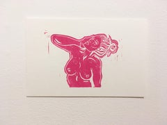 Pink Lady X, Block Print on Paper, Hot Pink Woman Portrait, Nude Figure