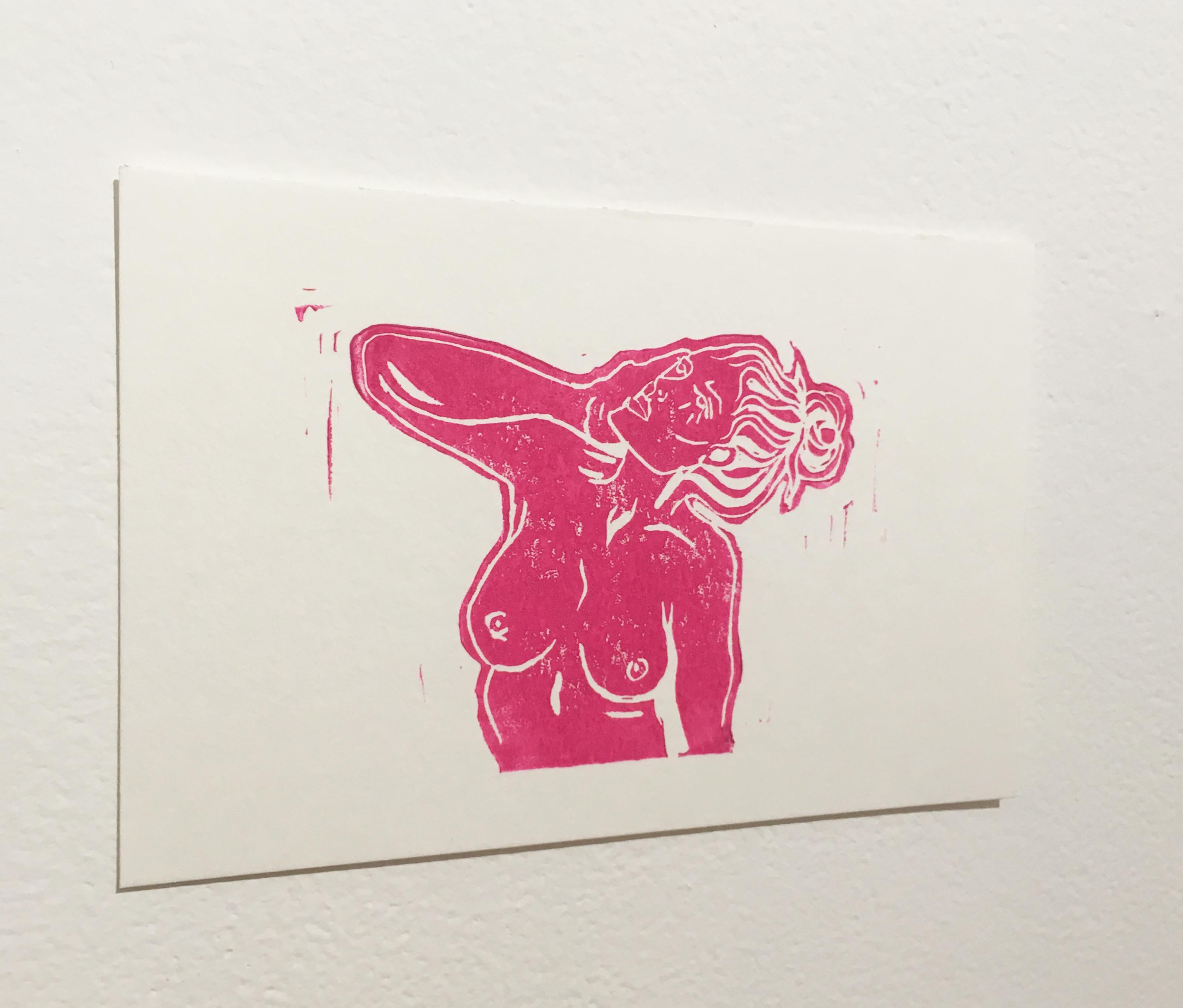 Pink Lady X, Block Print on Paper, Hot Pink Woman Portrait, Nude Figure - Contemporary Art by SarahGrace