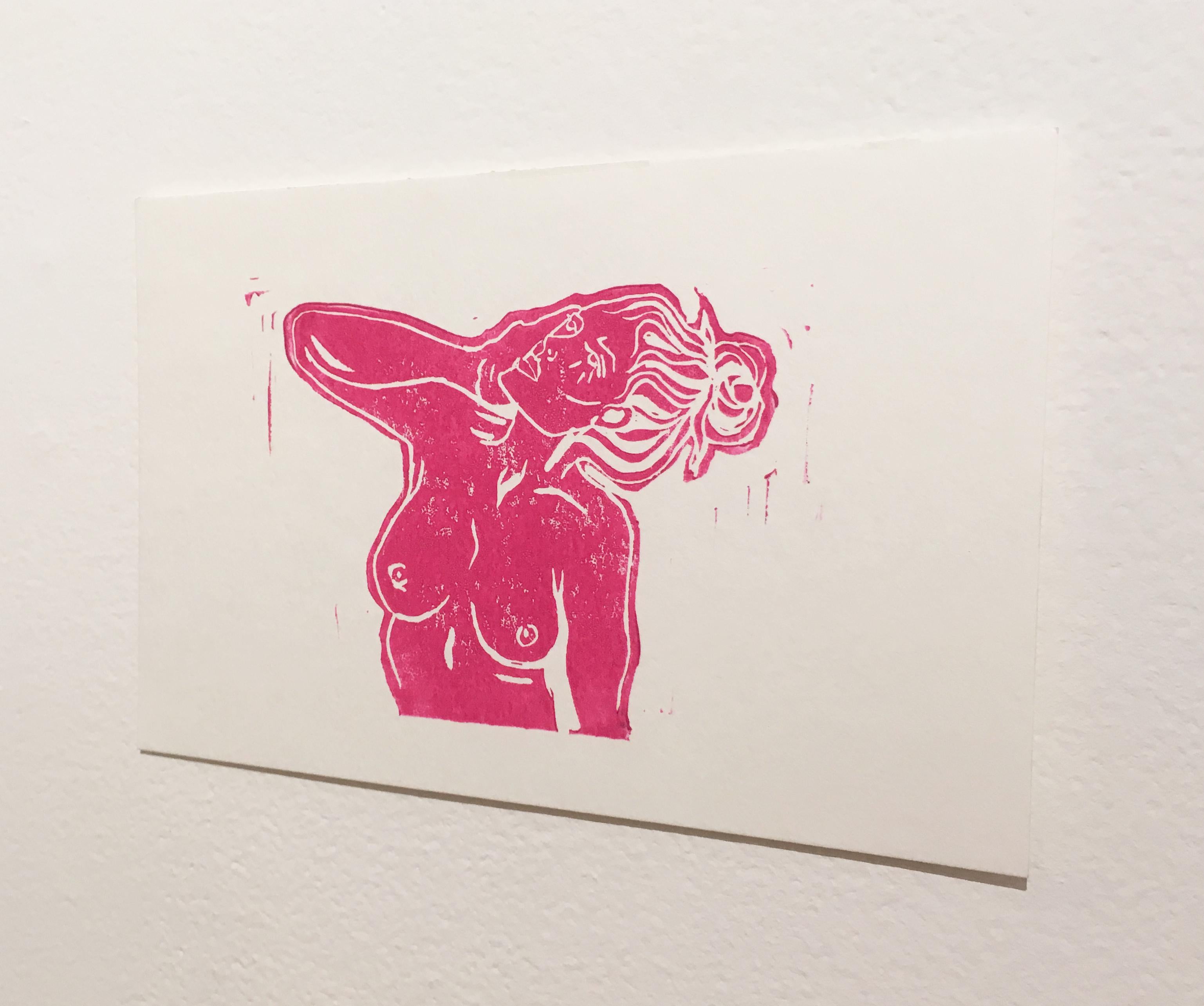 Pink Lady X, Block Print on Paper, Hot Pink Woman Portrait, Nude Figure - Beige Figurative Art by SarahGrace