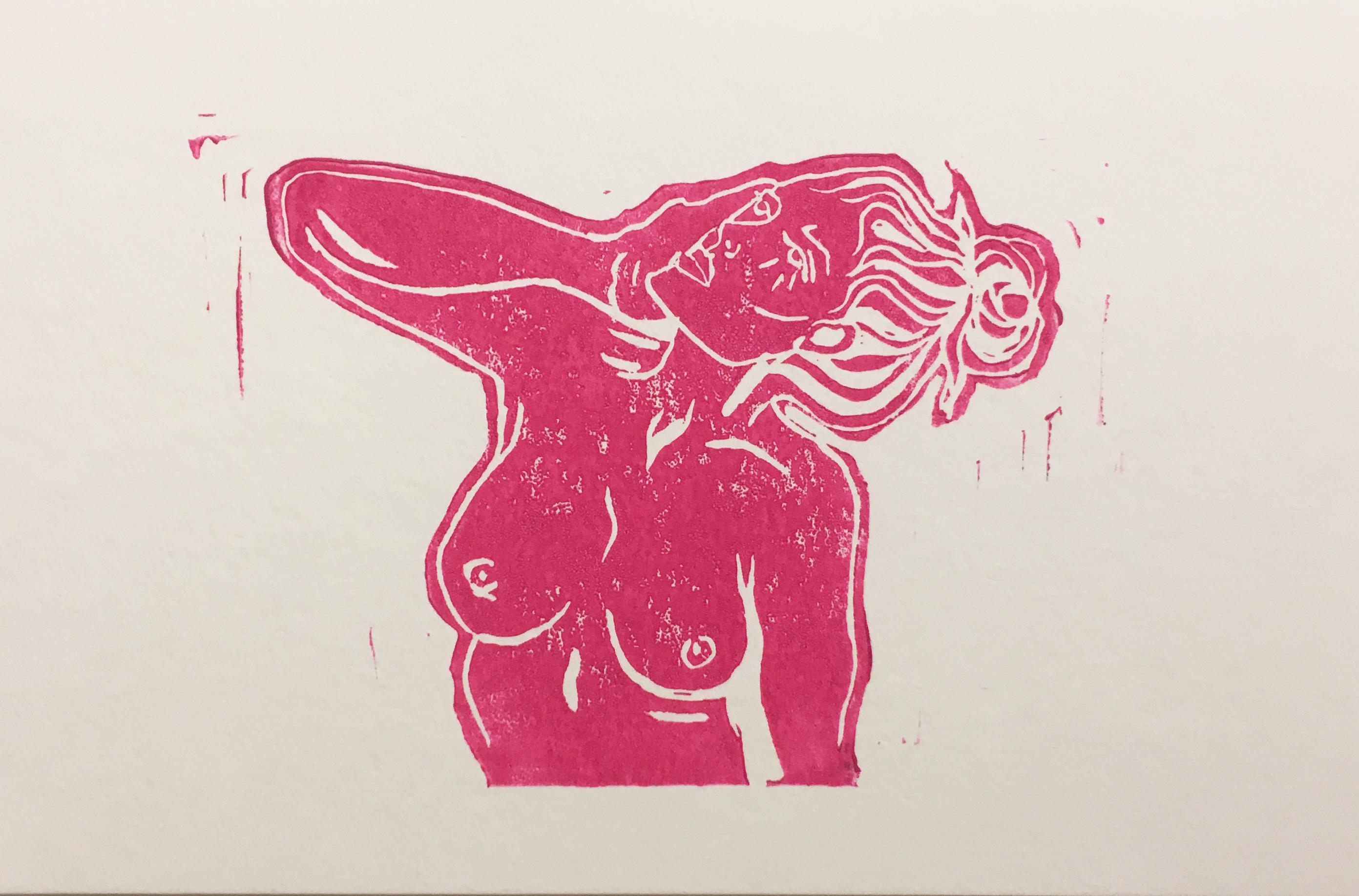 SarahGrace Figurative Art – Rosa Lady X, Blockdruck auf Papier, heißes rosa Frauporträt, nackte Figur