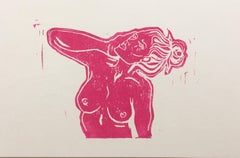 Pink Lady X, Block Print on Paper, Hot Pink Woman Portrait, Nude Figure