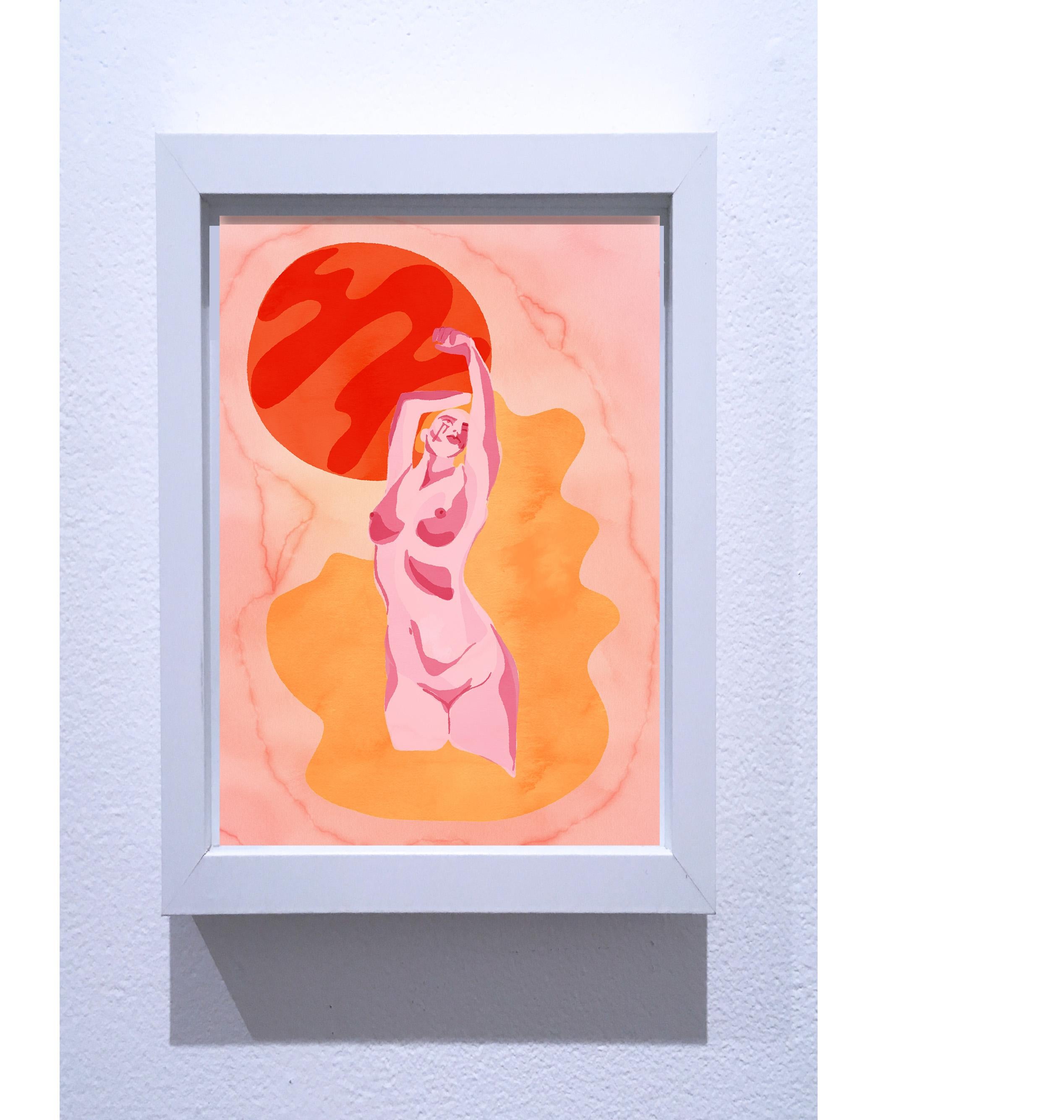 Reach Out, Impression figurative sur papier d'art numérique, portrait de femme nue, rose - Print de SarahGrace