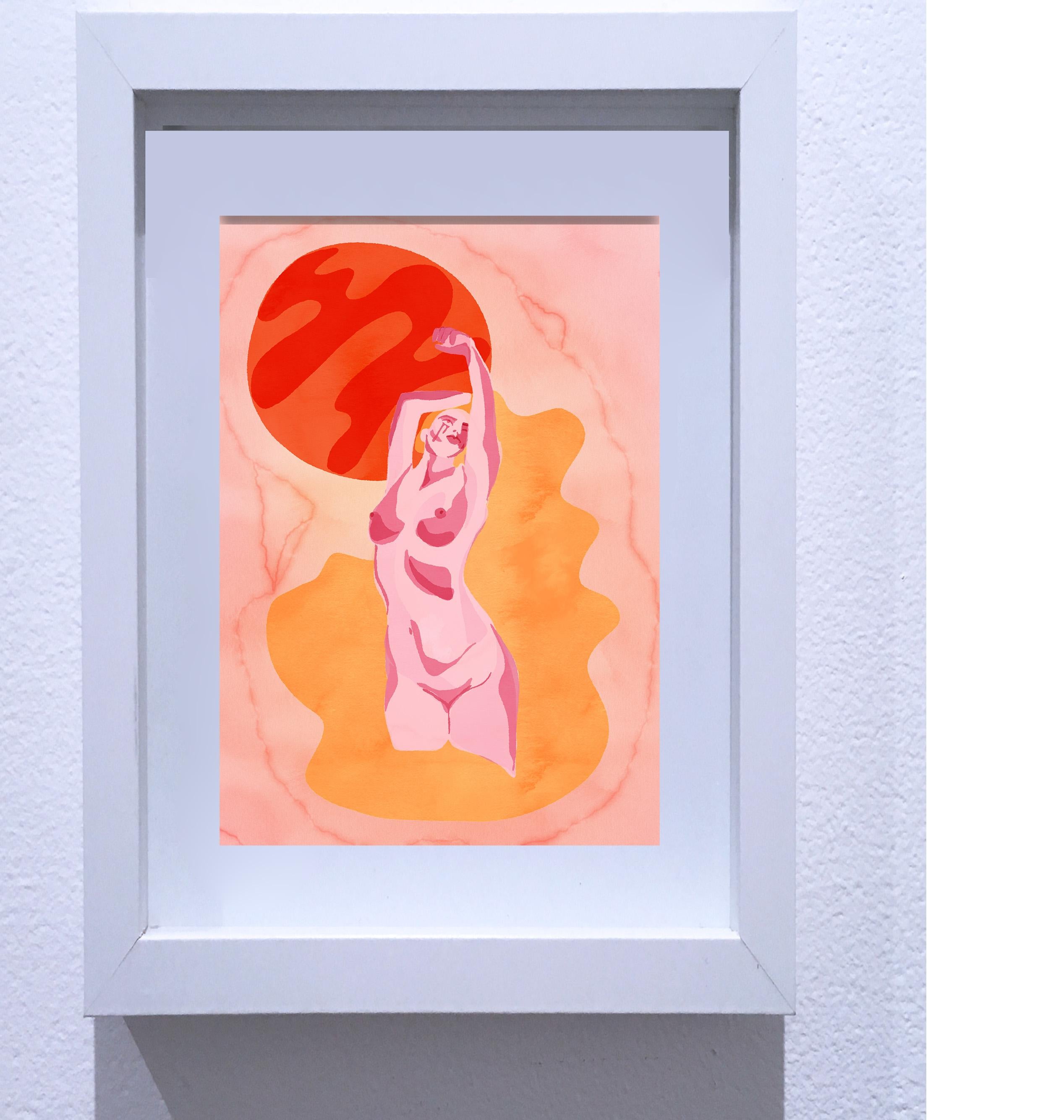Reach Out, Impression figurative sur papier d'art numérique, portrait de femme nue, rose - Contemporain Print par SarahGrace