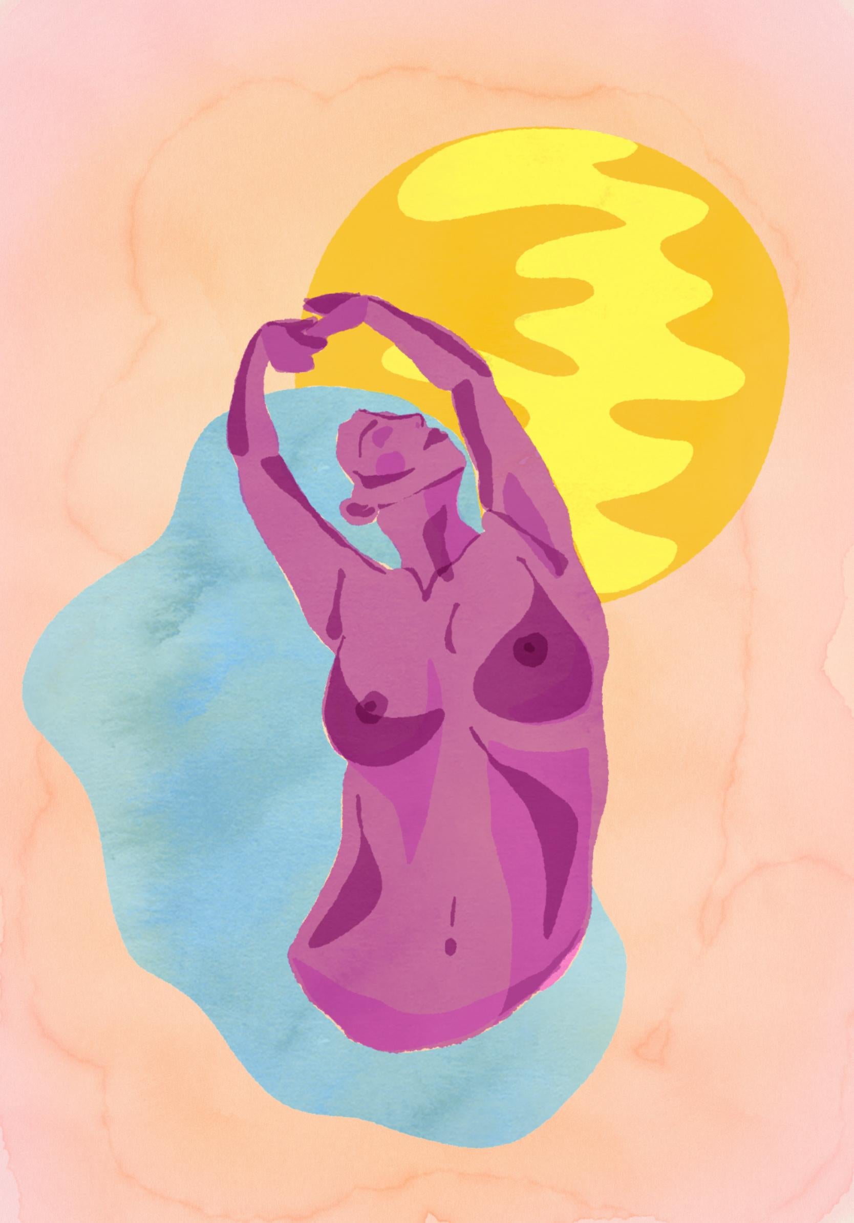 Reach Out, Impression figurative sur papier d'art numérique, portrait de femme nue, rose - Beige Nude Print par SarahGrace