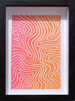 Ripple, Ink on Paper Abstract Pattern Block print, Hot pink & orange gradient
