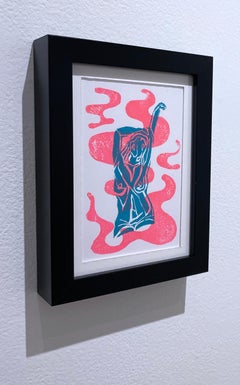 Unleash, Ink, Paper Figurative Woman Nude, Pink & Blue, Monoprint Contour Lines