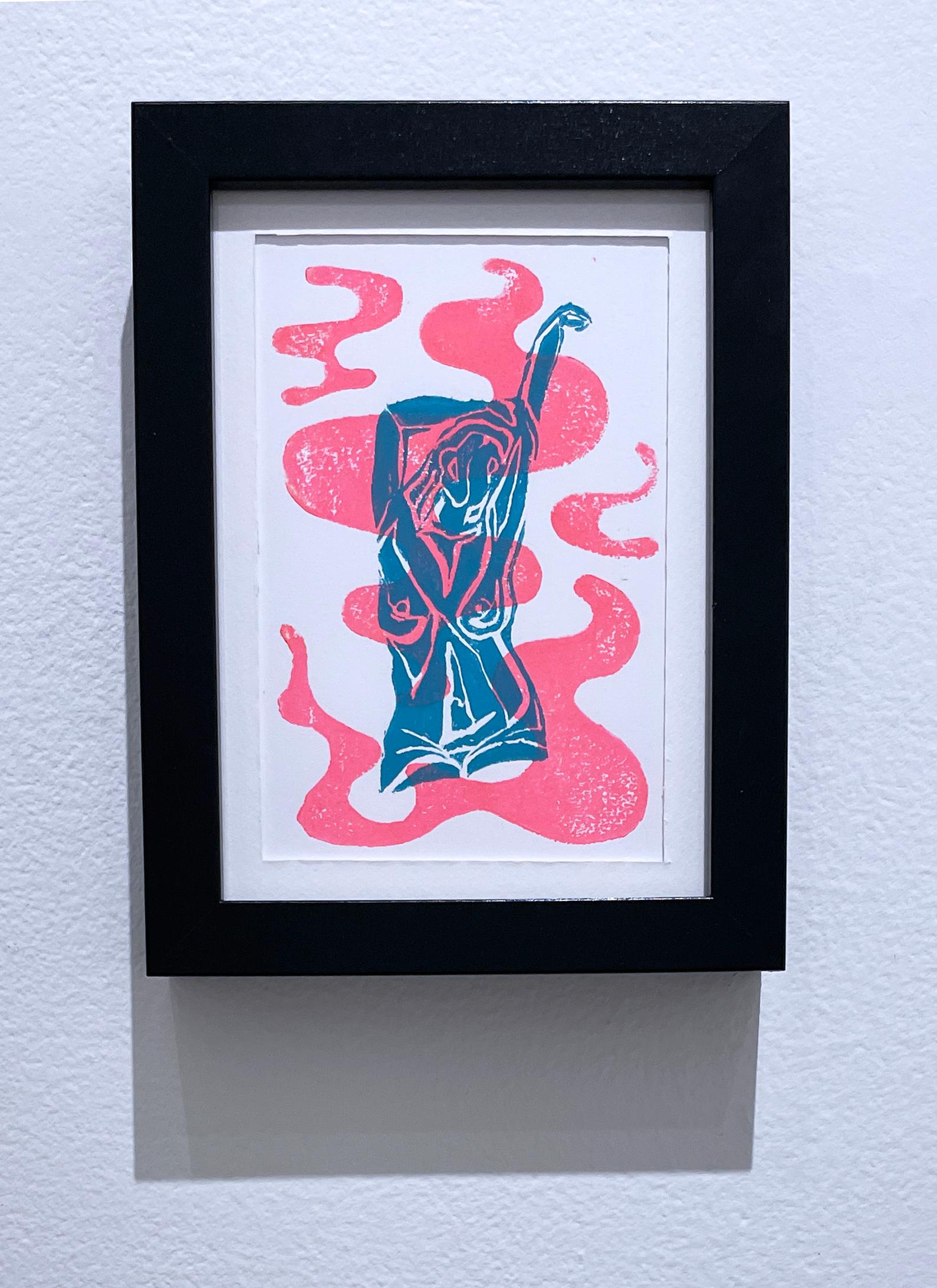 Desatar, Tinta, Papel Mujer Figurativa Desnuda, Rosa y Azul, Monoprint Líneas de Contorno - Print Contemporáneo de SarahGrace
