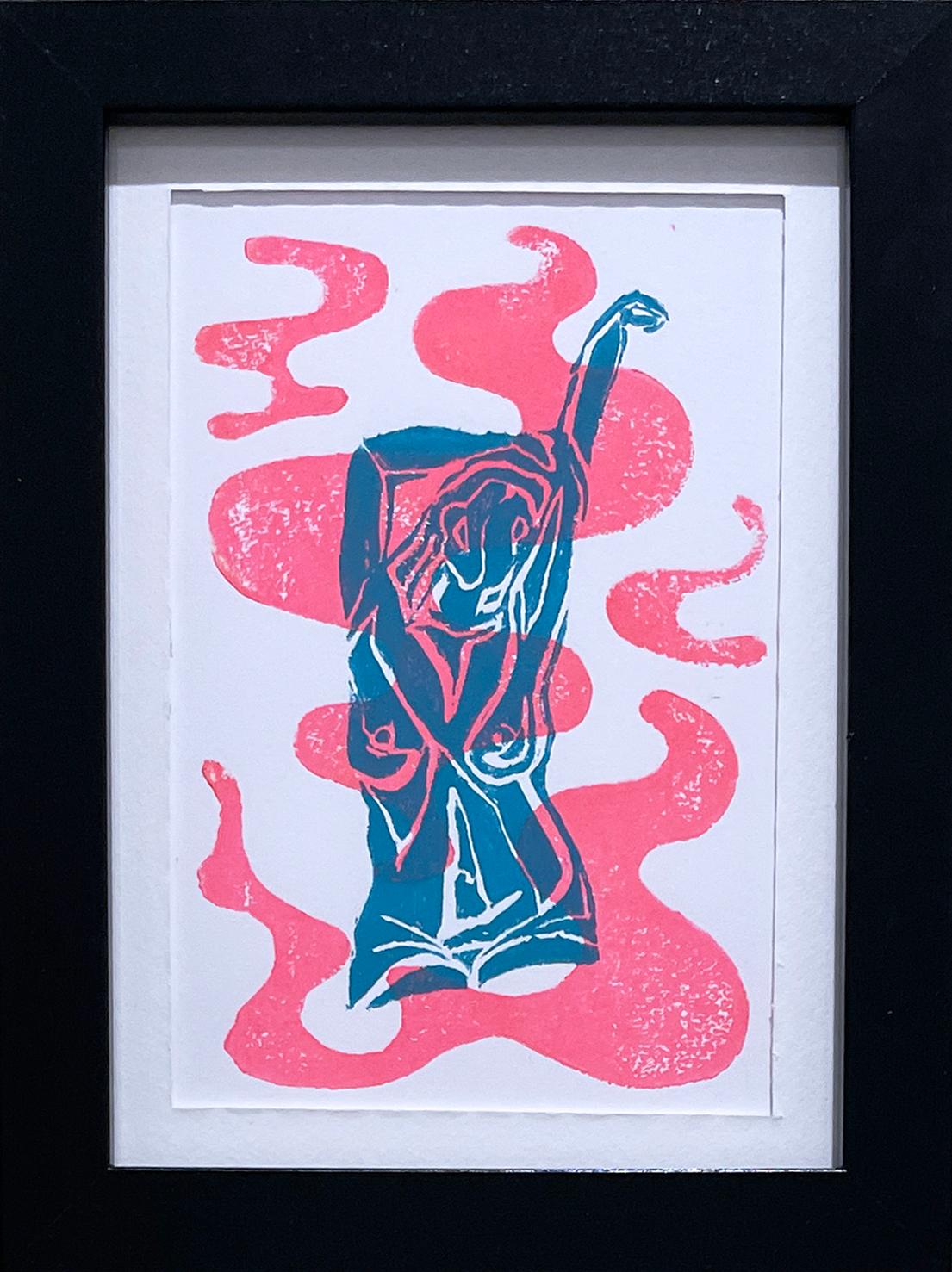 Unleash, encre, papier figuratif femme nue, rose et bleue, lignes monogravées