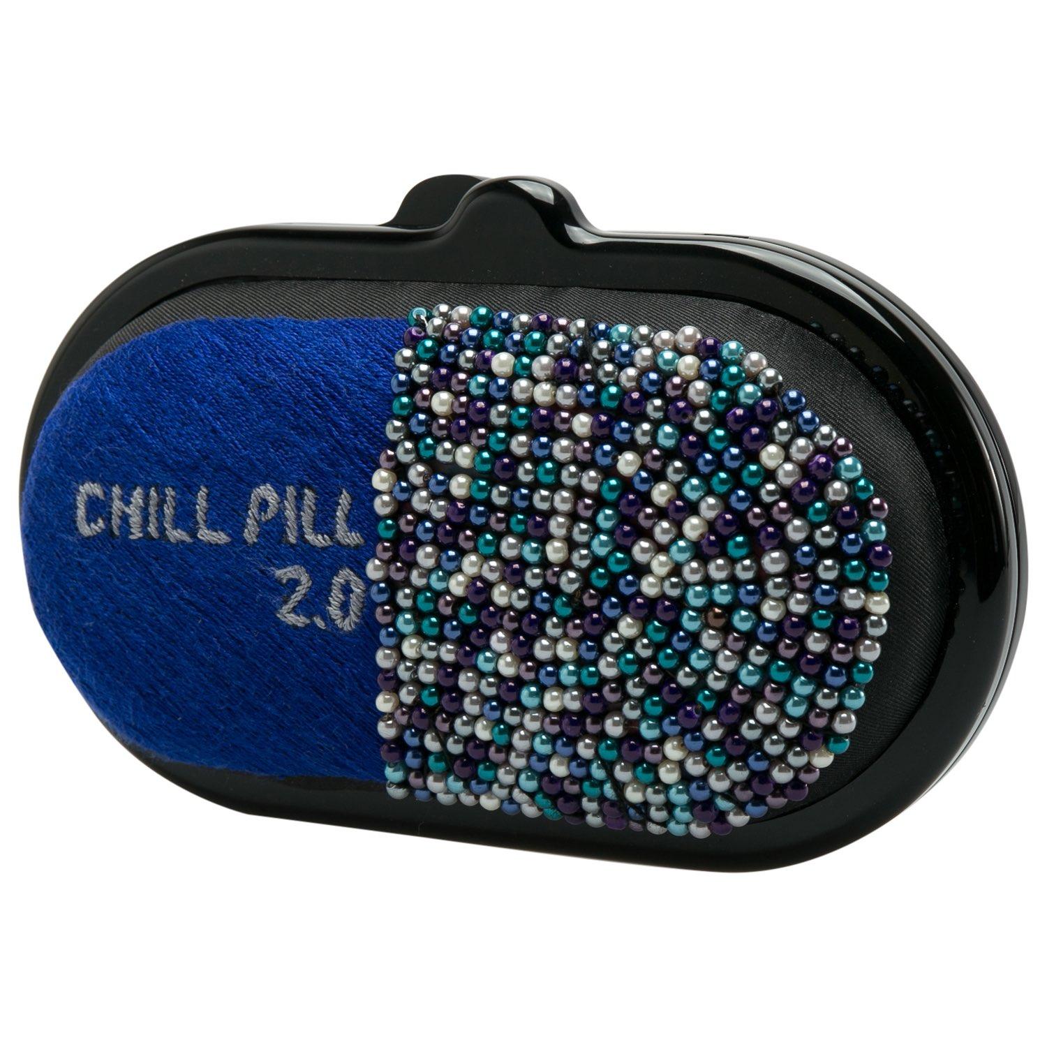 Black Sarah's Bag Blue/Multicolor Beaded Fabric Chill Pill 2.0 Chain Clutch