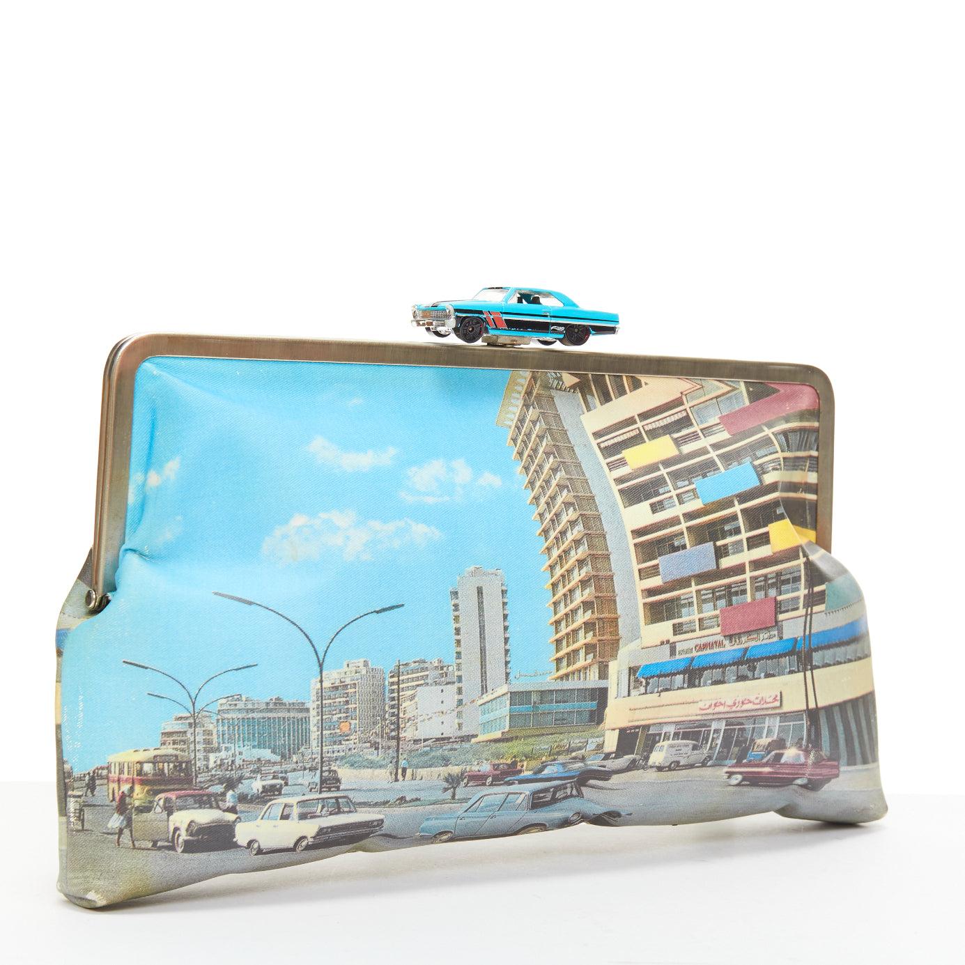 SARAH'S BAG blue vintage car clasp street print canvas silver frame clutch bag In Fair Condition For Sale In Hong Kong, NT