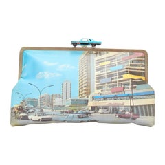 SARAH'S BAG blue vintage car clasp street print canvas silver frame clutch bag