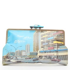 SARAH'S BAG blue vintage car clasp street print canvas silver frame clutch bag