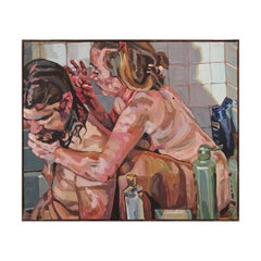"Bathers 2" Intimate Warm Toned Nude Abstract Impressionist Painting of a Couple