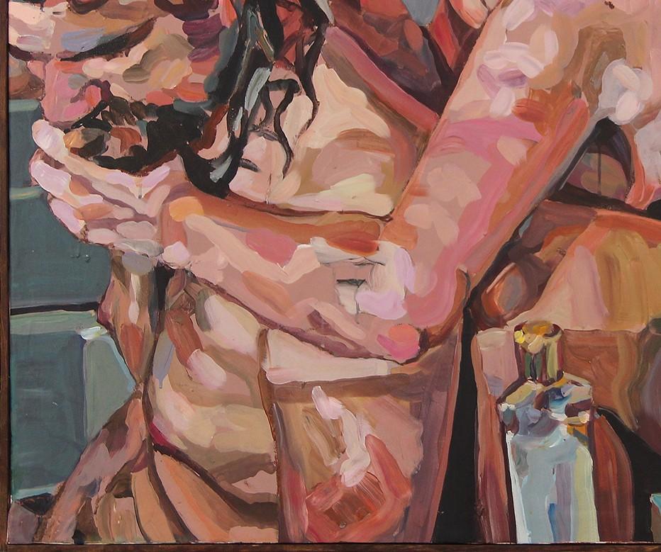 Nudo astratto impressionista dai toni caldi dipinto dall'artista di Houston, TX, Saralene Tapley. Questo dipinto raffigura un momento di intimità tra il soggetto uomo e la donna, visto attraverso la resa di Tapley delle espressioni facciali e della