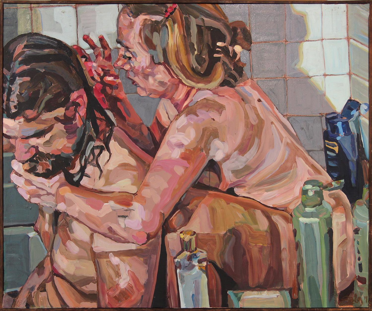 "Bathers 2" Intime warmen Ton nackt abstrakte impressionistische Malerei eines Paares