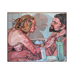 Peinture impressionniste abstraite d'un couple de nus aux tons chauds « Breasts 1 »
