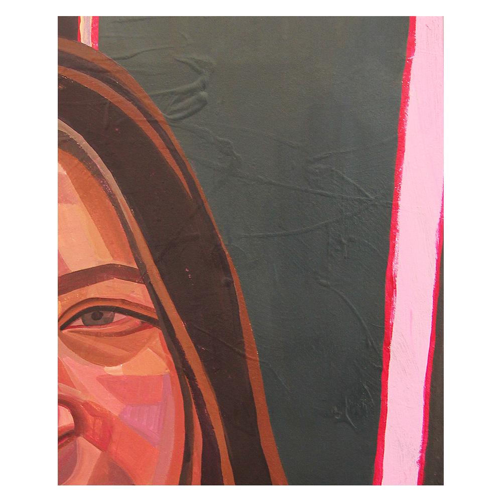 Retrato abstracto contemporáneo en tonos rojos y rosas, pintado por la artista de Houston, Texas, Saralene Tapley. Esta obra muestra a una joven en tonos cálidos sobre un fondo verde intenso. Sin enmarcar, pero hay opciones de enmarcado disponibles.