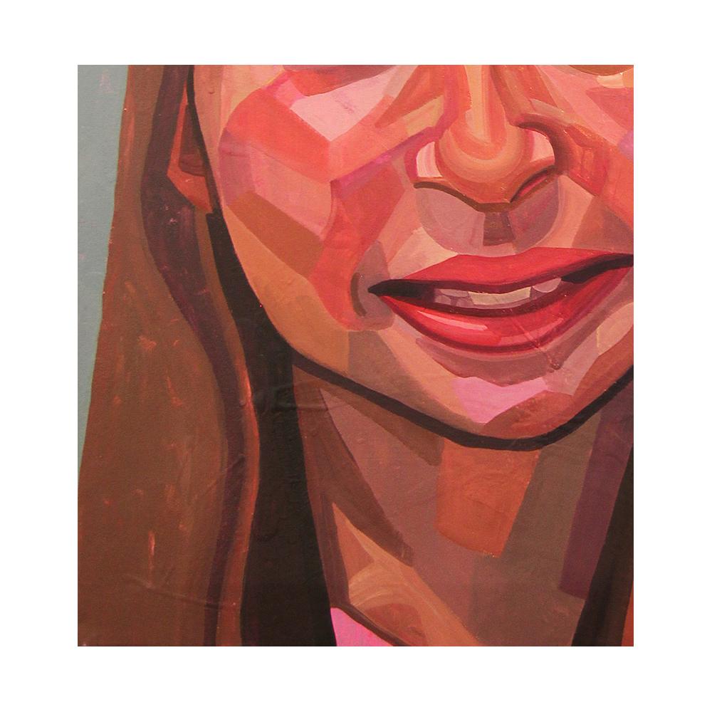Red and pink toned abstract contemporary portrait painting by Houston, TX artist Saralene Tapley. This work features a young woman rendered in warm tones set against a rich, green background. Unframed but framing options are available. Signed by the