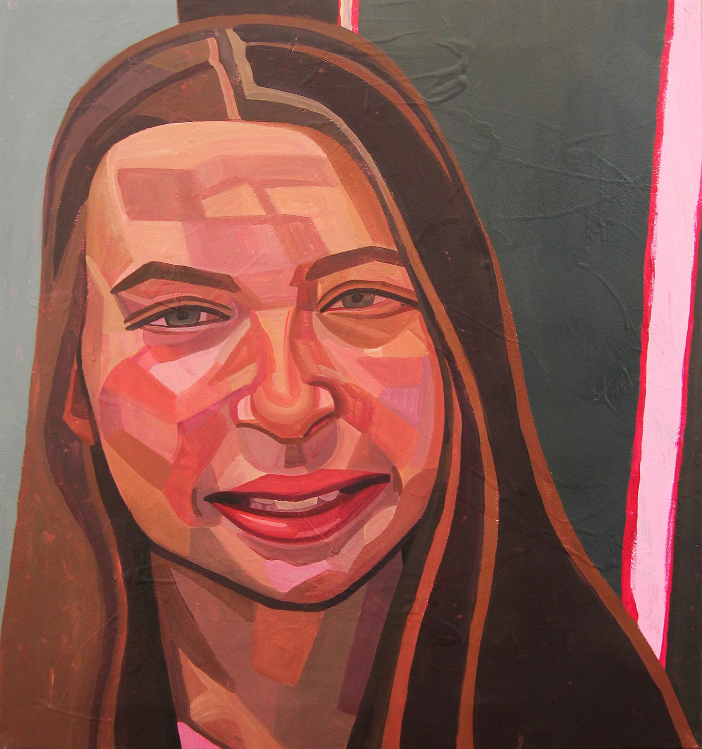Portrait Painting Saralene Tapley - « Lisa's Daughter », peinture de portrait figurative abstraite contemporaine colorée