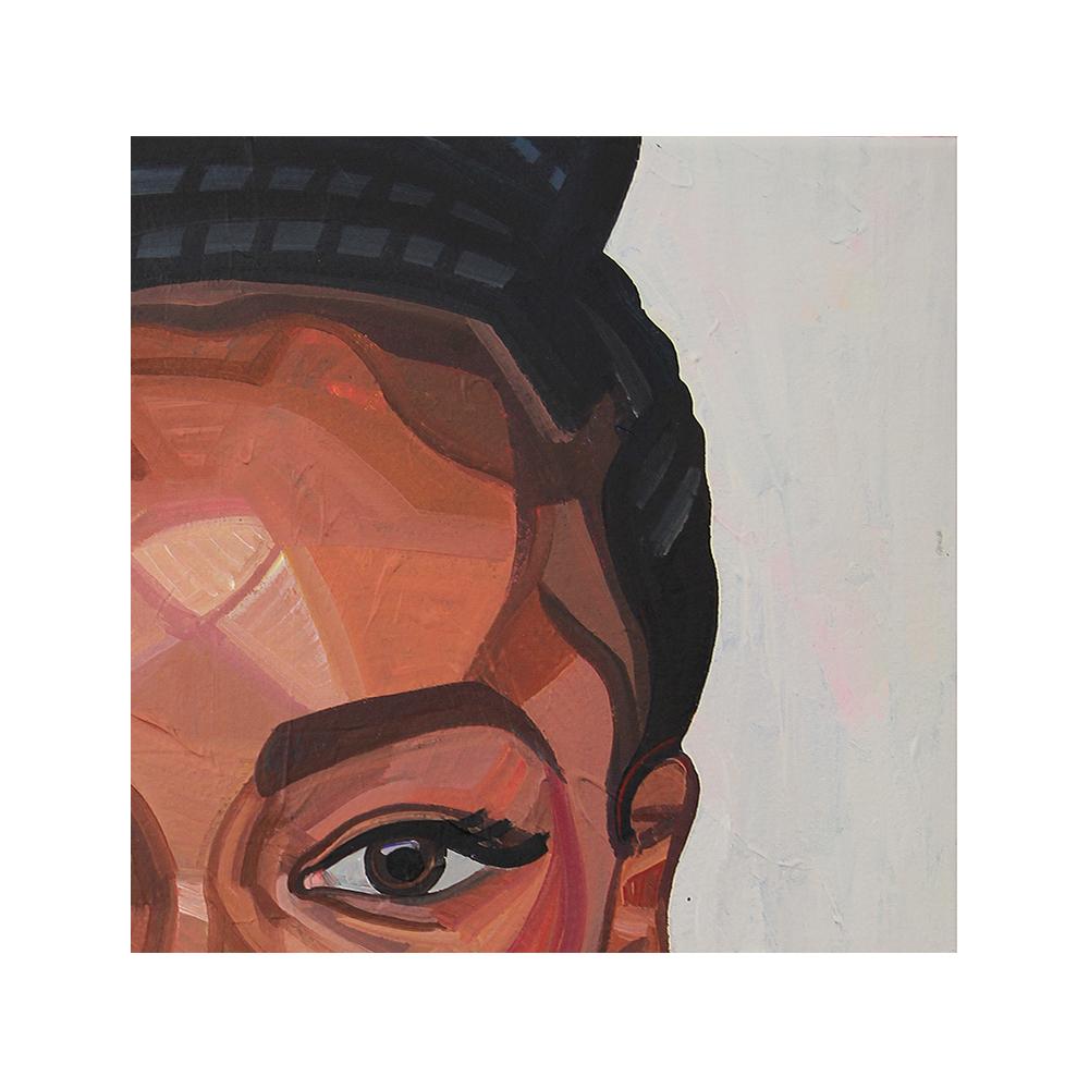 « Portrait d'Andi » - Peinture de portrait figuratif abstrait contemporaine colorée et contemporaine - Marron Figurative Painting par Saralene Tapley