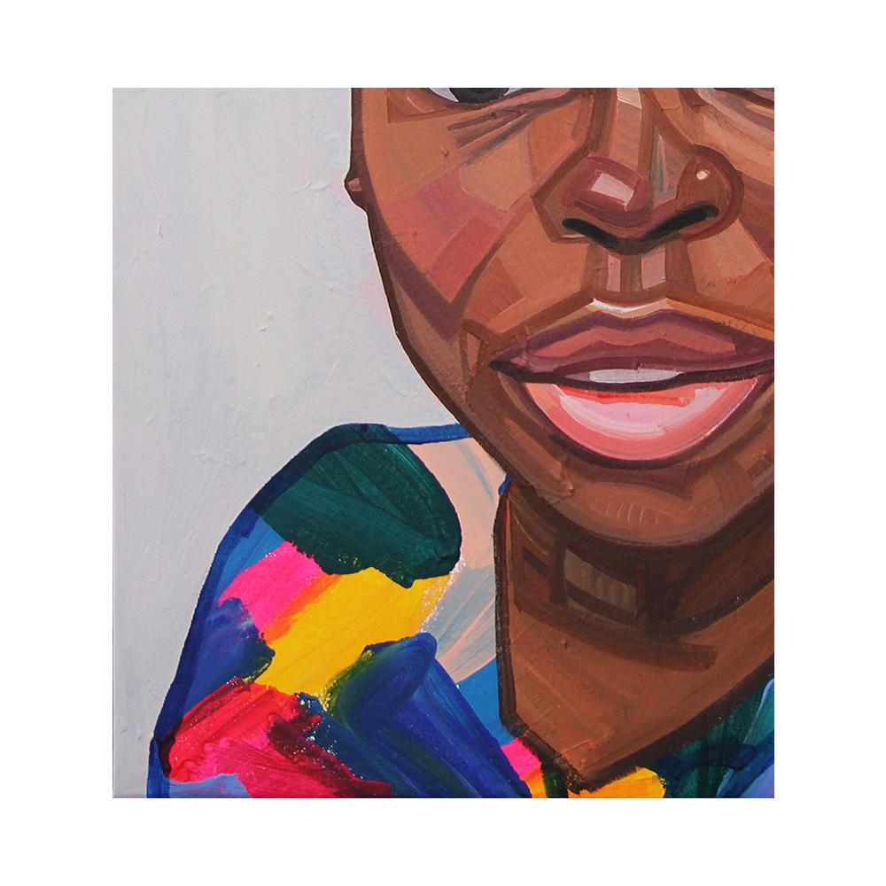 Peinture contemporaine abstraite et colorée de l'artiste Saralene Tapley de Houston, TX. Ce portrait représente une jeune femme portant une chemise arc-en-ciel qui regarde fixement le spectateur. Non encadré mais des options d'encadrement sont
