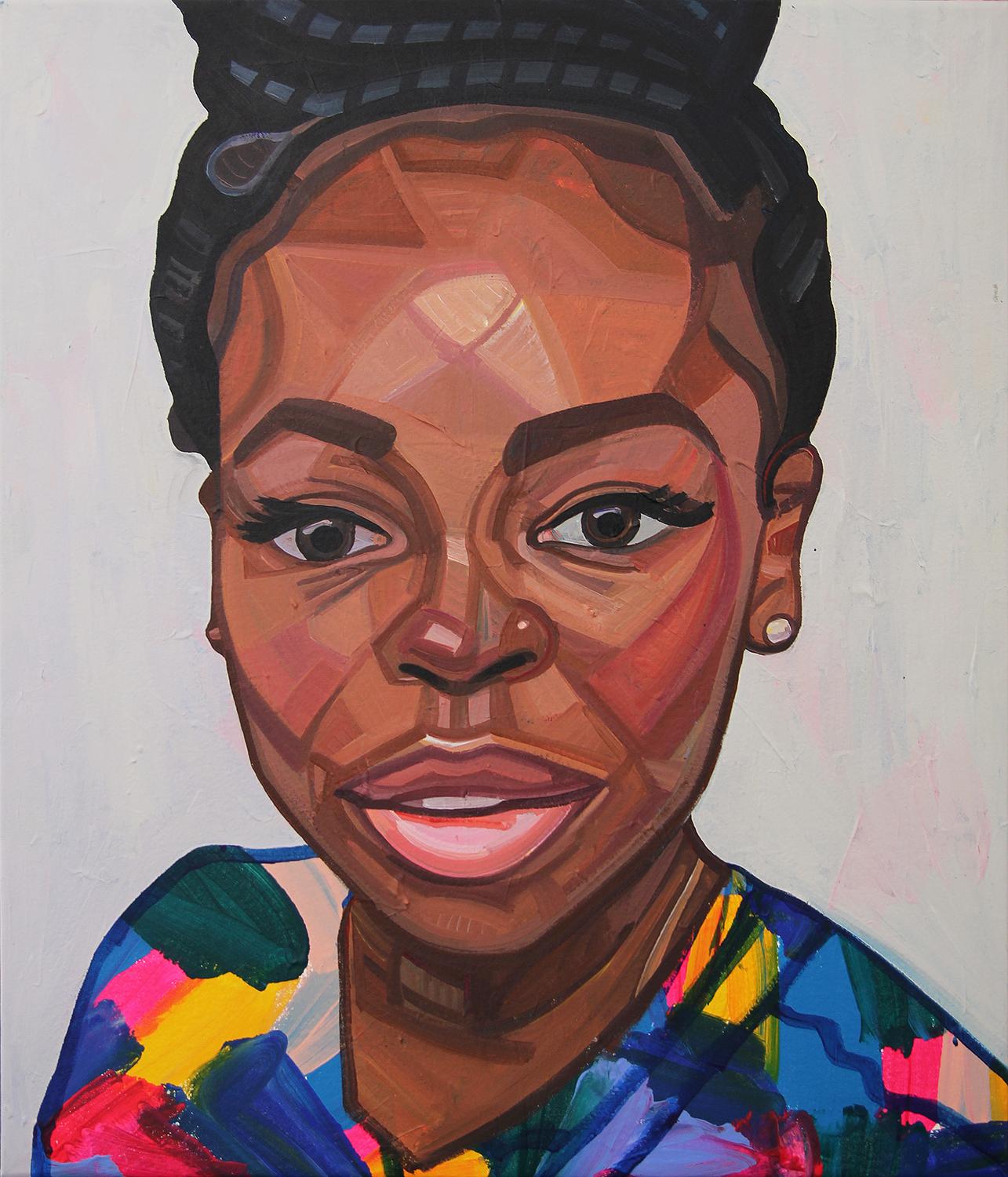 « Portrait d'Andi » - Peinture de portrait figuratif abstrait contemporaine colorée et contemporaine