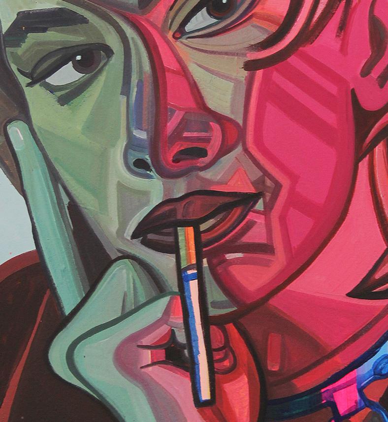 Colorful abstract contemporary painting by Houston, TX artist Saralene Tapley. This portrait features a colorful female figure smoking a cigarette set against a light pink background. Unframed but framing options are available. Signed by the artist