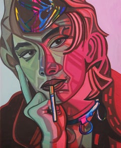 "Portrait d'Elizabeth" - Peinture figurative abstraite contemporaine colorée