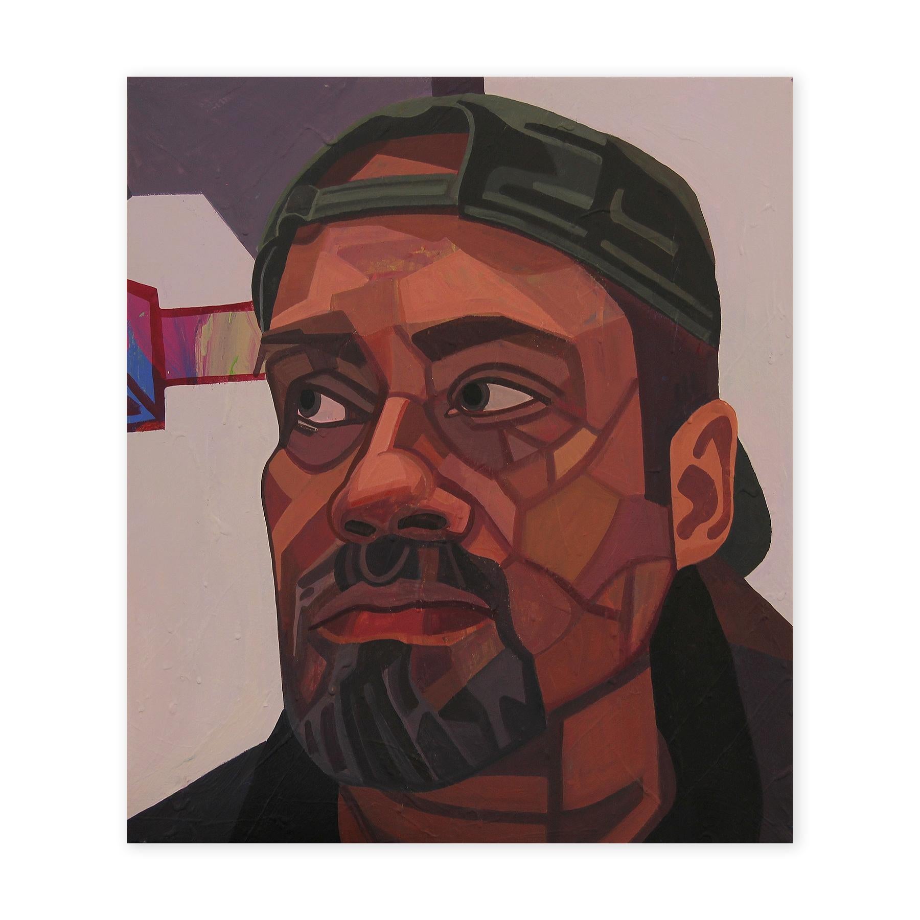 Purple-toned abstract contemporary painting by Houston, TX artist Saralene Tapley. This portrait features a man wearing a baseball cap set against a purple background. Unframed but framing options are available. Signed by the artist at the