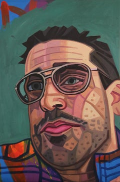 « Portrait de Sean » - Portrait contemporain abstrait aux tons verts d'un homme