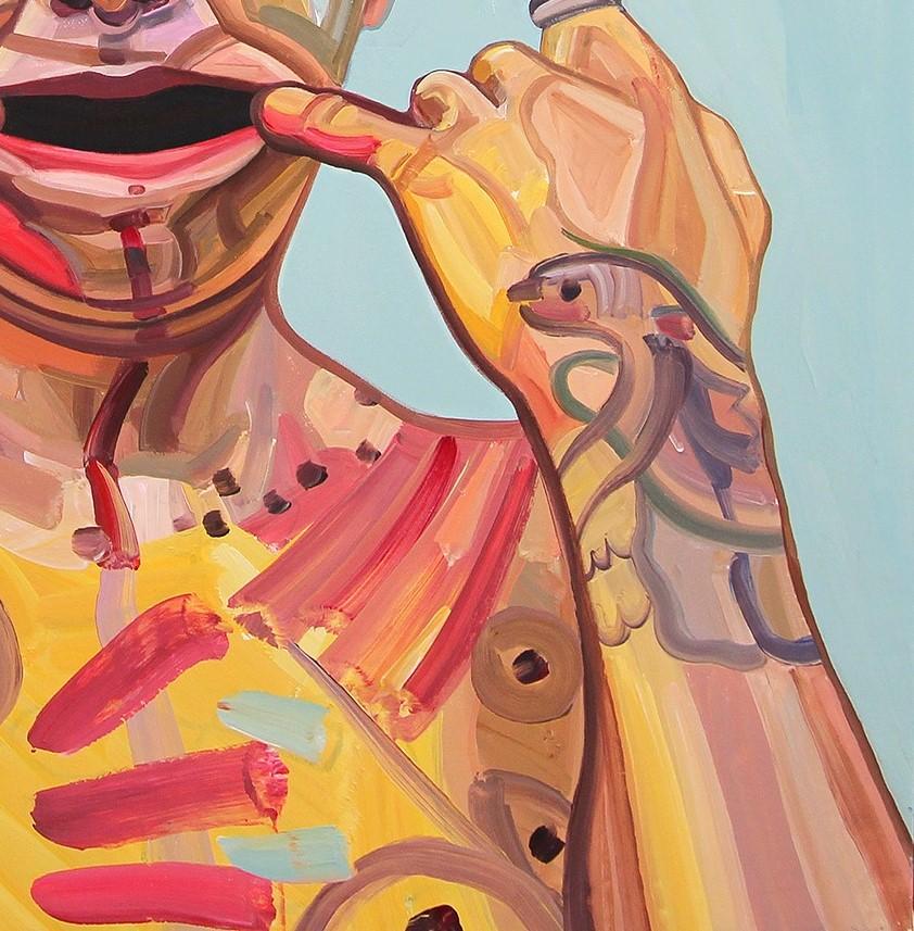 Peinture abstraite contemporaine colorée de l'artiste Saralene Tapley de Houston, TX. Cette peinture représente le portrait d'un mannequin au visage coloré faisant des grimaces sur un fond aqua. Non encadré mais des options d'encadrement sont