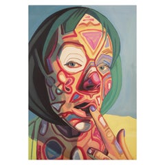 "Autorretrato con dibujo rojo 1" Autorretrato abstracto contemporáneo verde azulado y rojo