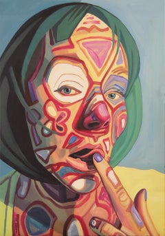 ""Self Portrait w/ Red Drawing 1"" Sarcelle et rouge - Self-Portrait abstrait contemporain