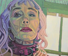 « Self Portrait with Lavender Wig » (autoportrait personnel avec aile lavande) - Portrait contemporain violet et vert