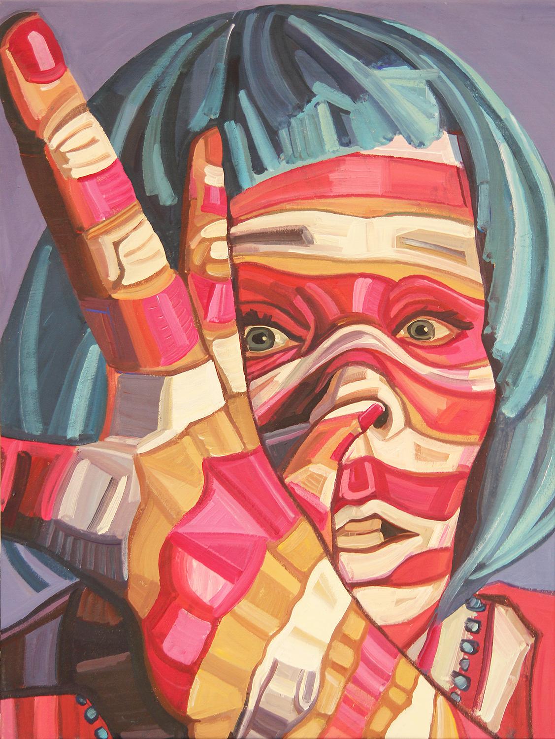 Saralene Tapley Figurative Painting - "Self Portrait with Pink and White Stripes 2" Red, White, & Blue Self Portrait