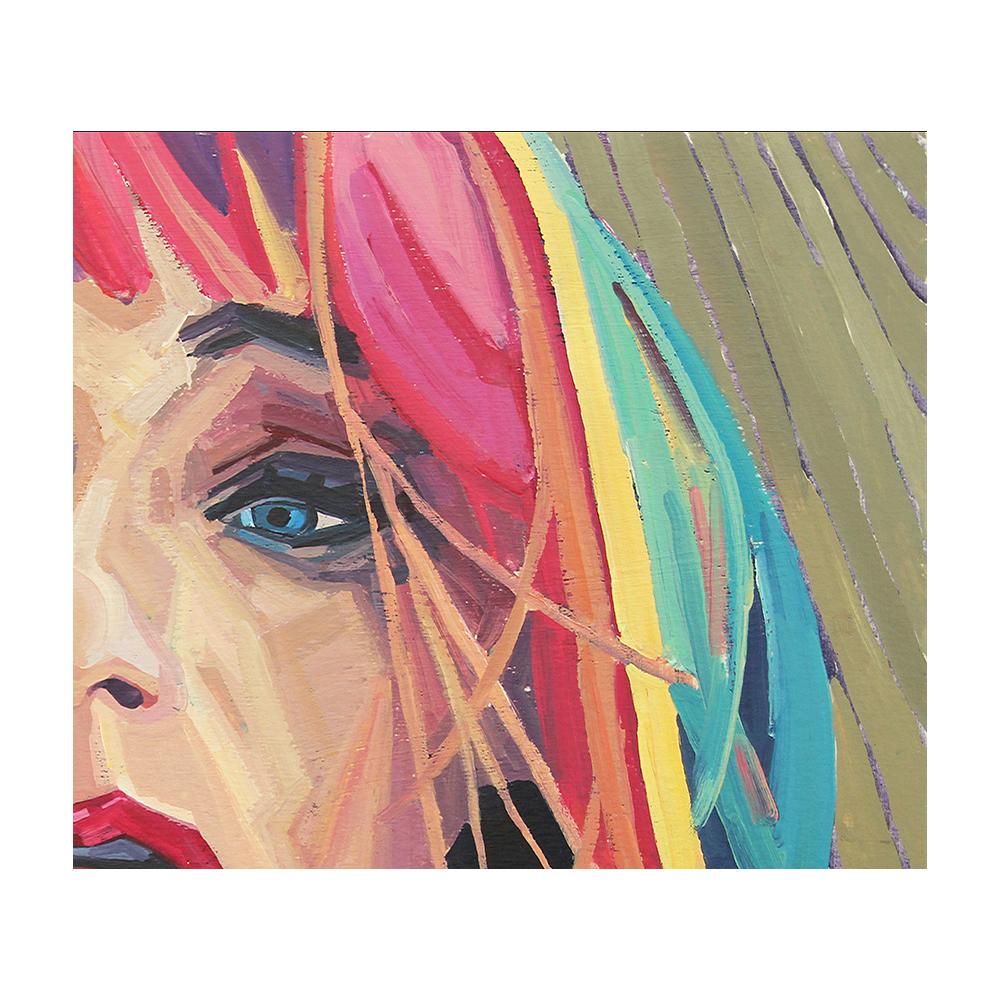 Colorful abstract self-portrait by Houston, TX artist Saralene Tapley. This portrait features the artist as the subject in a pink wig. With the main medium as a silkscreen pigment on canvas, this work features various details and textures that make