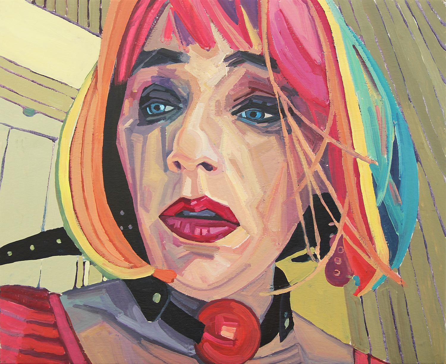 Saralene Tapley Abstract Painting - "Self Portrait with Rainbow Wig 3" Colorful Abstract Figurative Painting