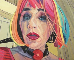 ""Self Portrait with Rainbow Wig 3" - Peinture figurative abstraite colorée