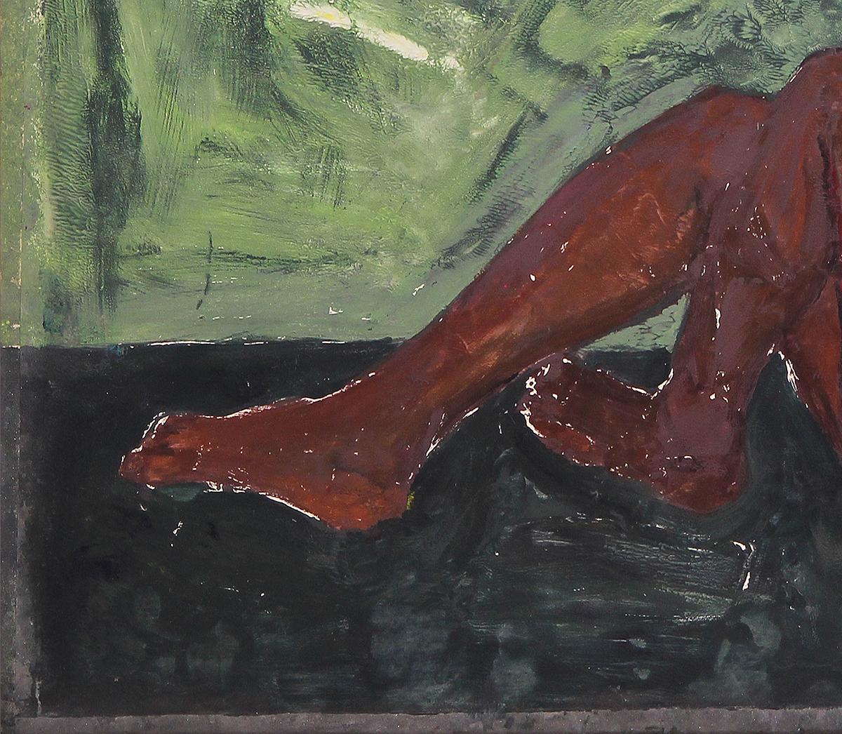 Green and pink-toned abstract contemporary figurative monotype print by Houston, TX artist, Saralene Tapley. This monotype depicts a reclining black female nude in a pink wig against a green background. Signed by the artist at the back. Unframed but